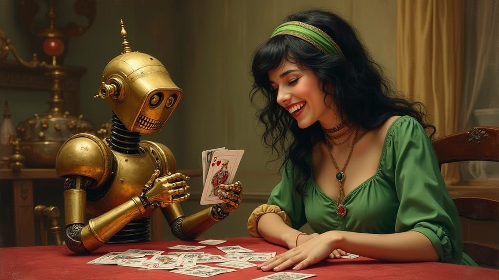 Fairy Gambles with Steampunk Robot in Whimsical Oil Painting