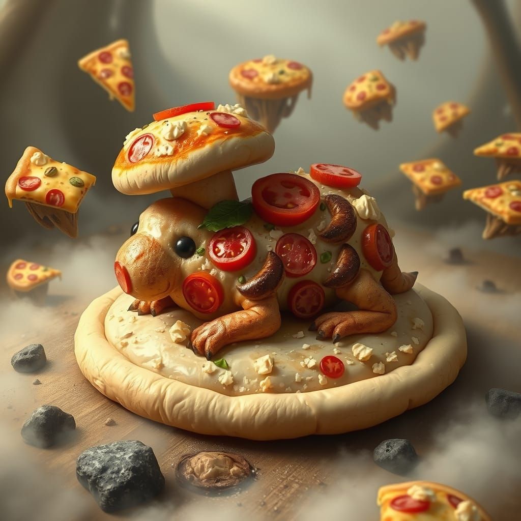 Pizza Creature on Dough Crust Among Floating Islands