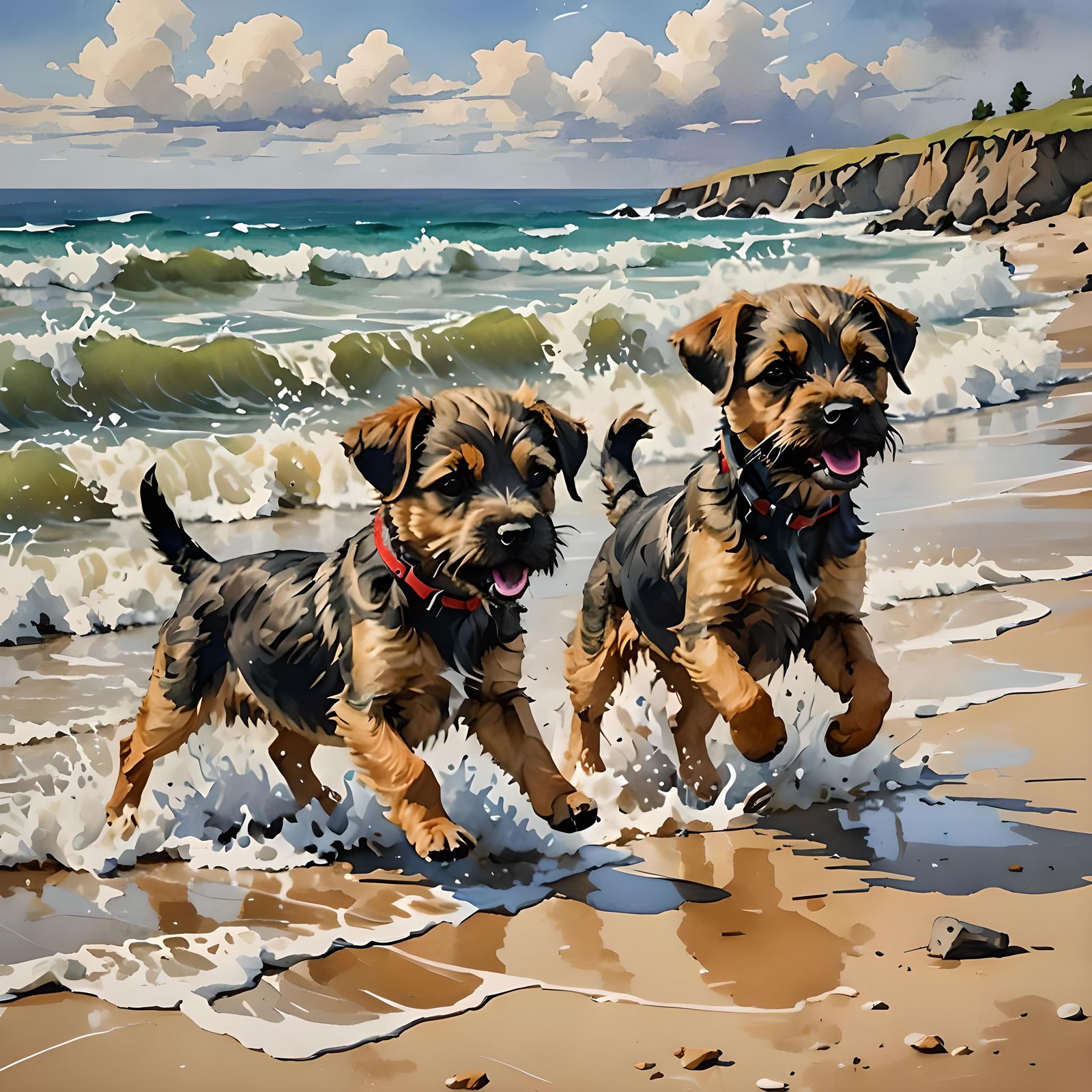 Border Terrier Pups on Beach in Gouache Style