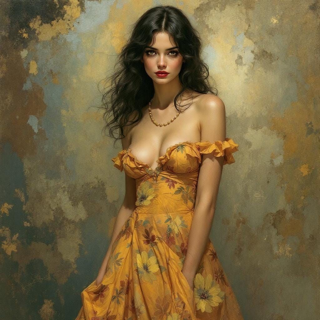 Raven-Haired Pin-Up in Mucha-Inspired Tonalism