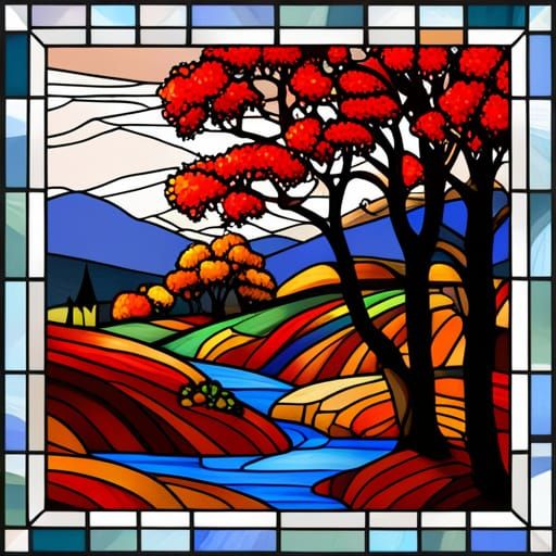 Stained Glass Autumn Landscape Art