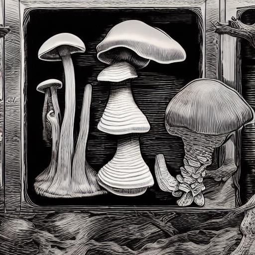 Massive Mushrooms Connected to Keyboard in Linocut Style