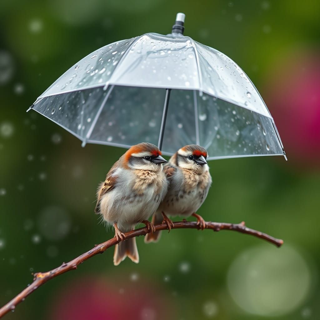 Vibrant Sparrows Sing Under Rainy Morning Umbrella