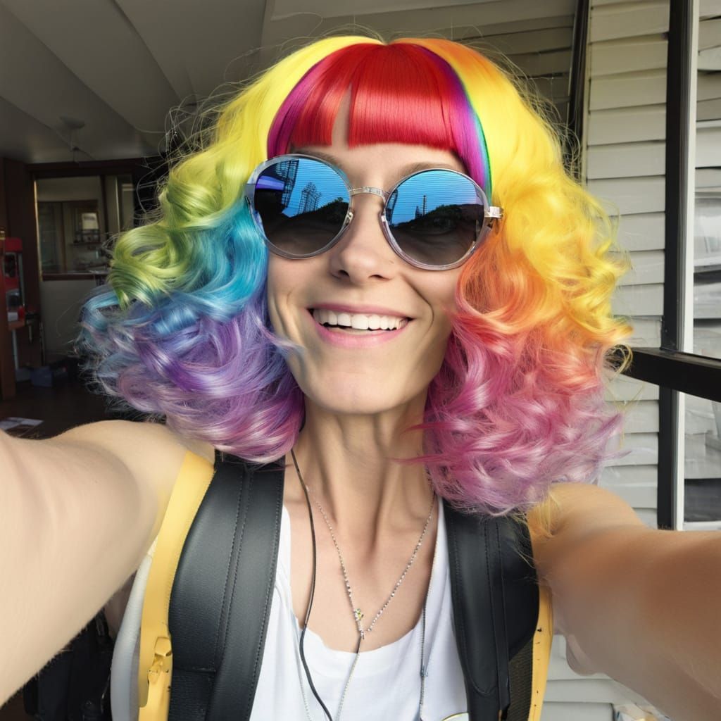 Silly Selfie of Woman with Rainbow Wig