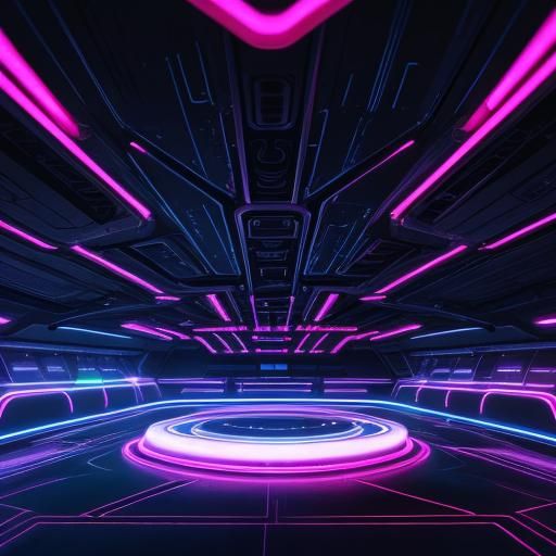 Neon-Lit Mothership UFO in Sci-Fi Cityscape