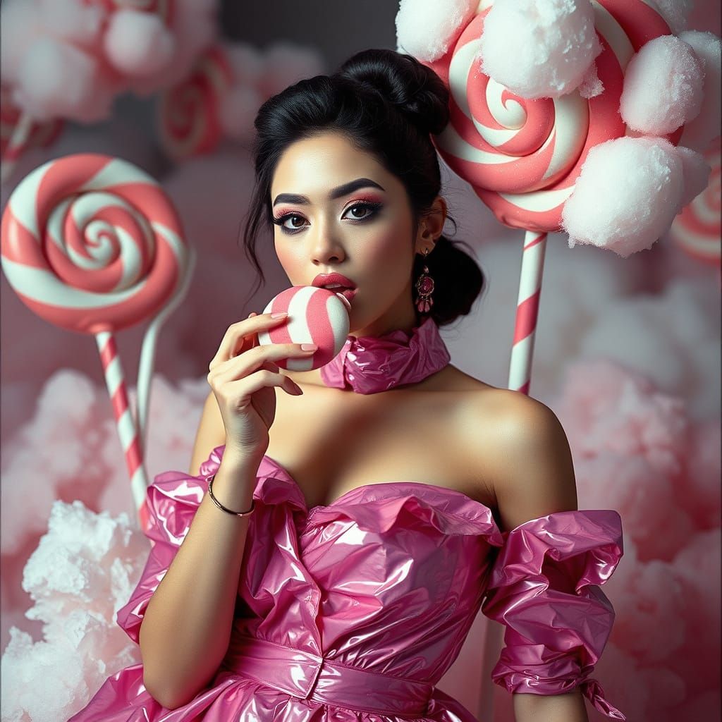 Woman in Candy Wrapper Dress with Lollipops
