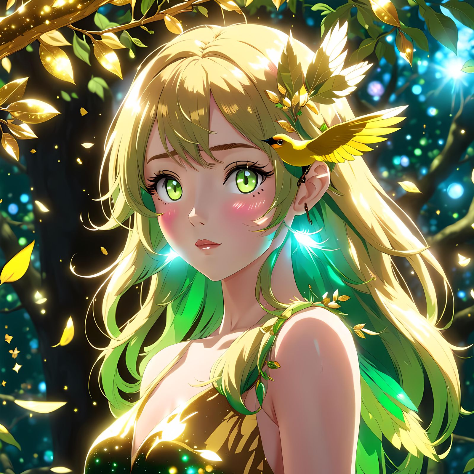 Anime Dryad Girl in Golden Forest, Kawaii Style