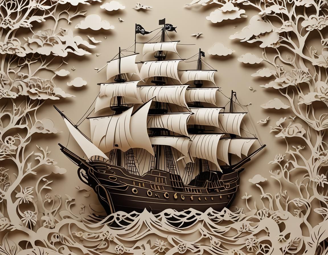 Pirate Ship in Kirigami Style: Digital Art