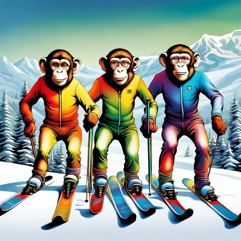 Monkeys Ski Racing in Winter Olympics, Surreal Style