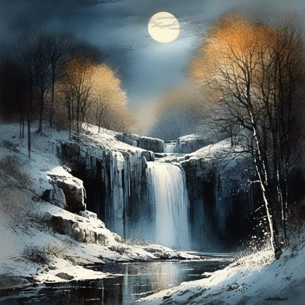 Moonlit Waterfall in Ethereal Landscape