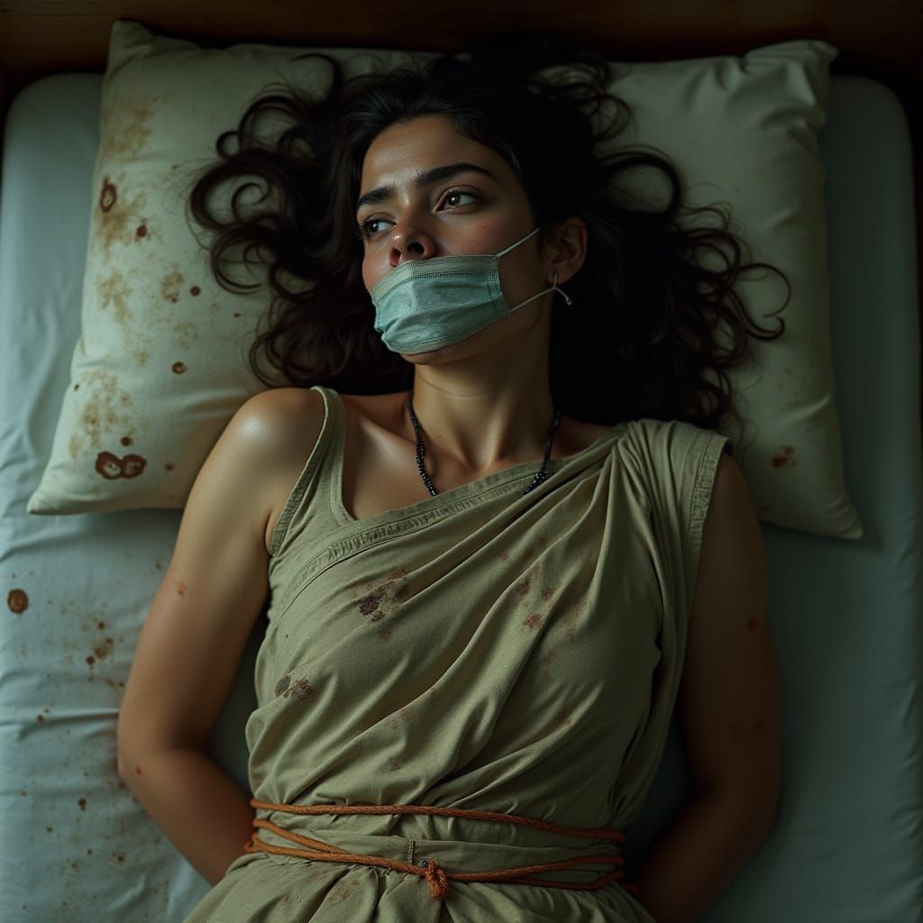 Bound Woman on Bed in Hyperrealistic Style