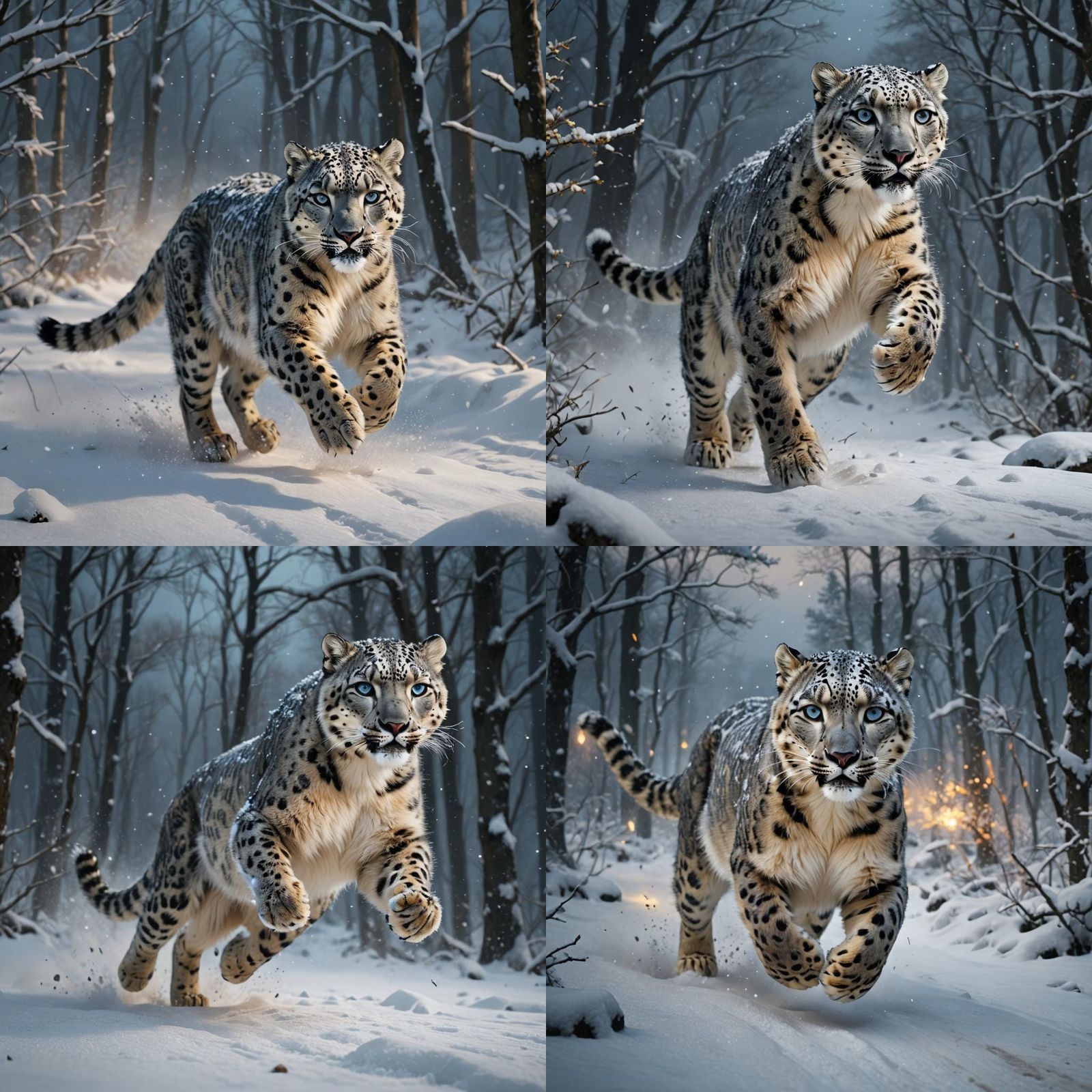Snow Leopard Runs at Night: Detailed Matte Painting