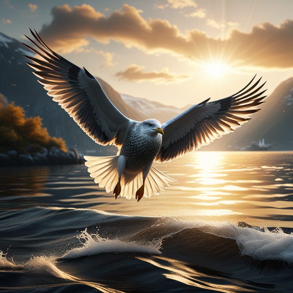 Herring Gull Soaring Over Fjord in Golden Hour Light