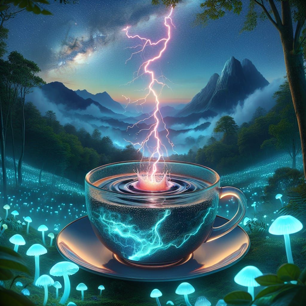 Thunderstorm in a Teacup Amidst a Bioluminescent Forest