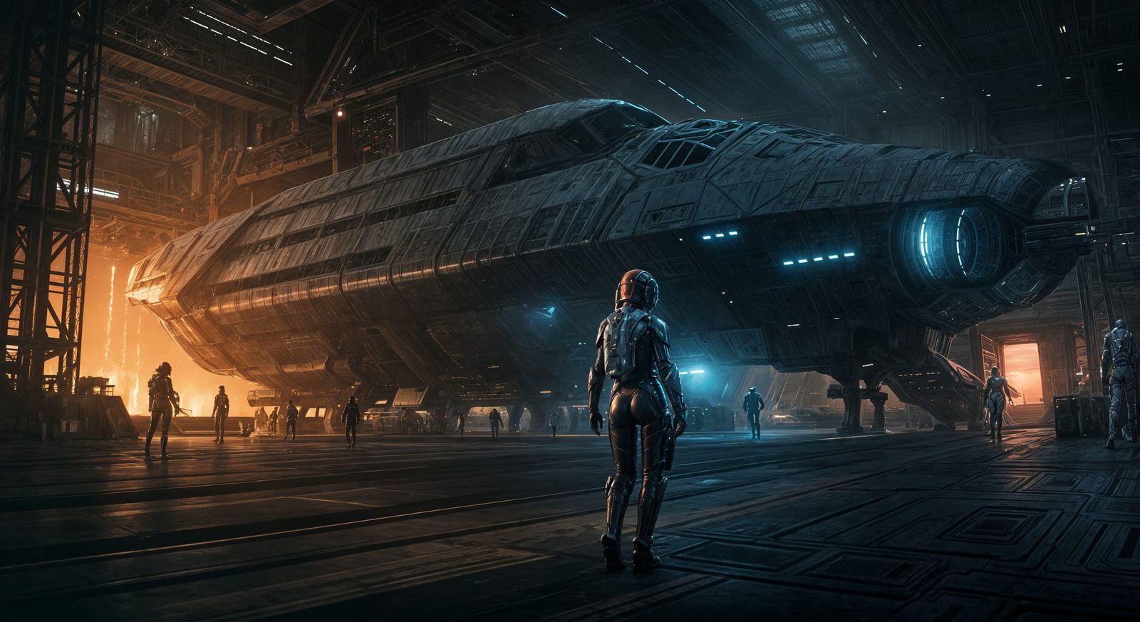 Cosmic Spacecraft Crew in Futuristic Port