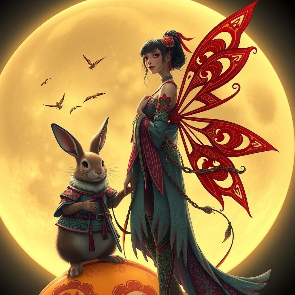 Art Nouveau Fairy and Rabbit on the Moon