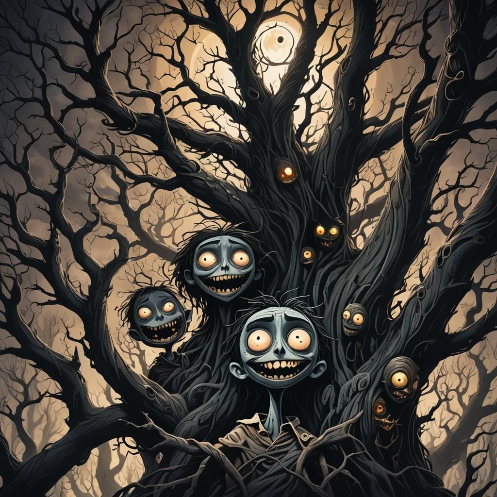 Twisted Cartoon Characters in Dark Fantasy Forest