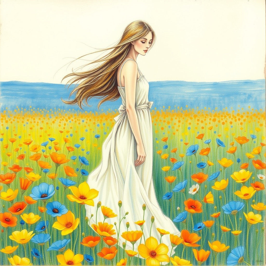 Woman in Flower Field, Pencil Drawing