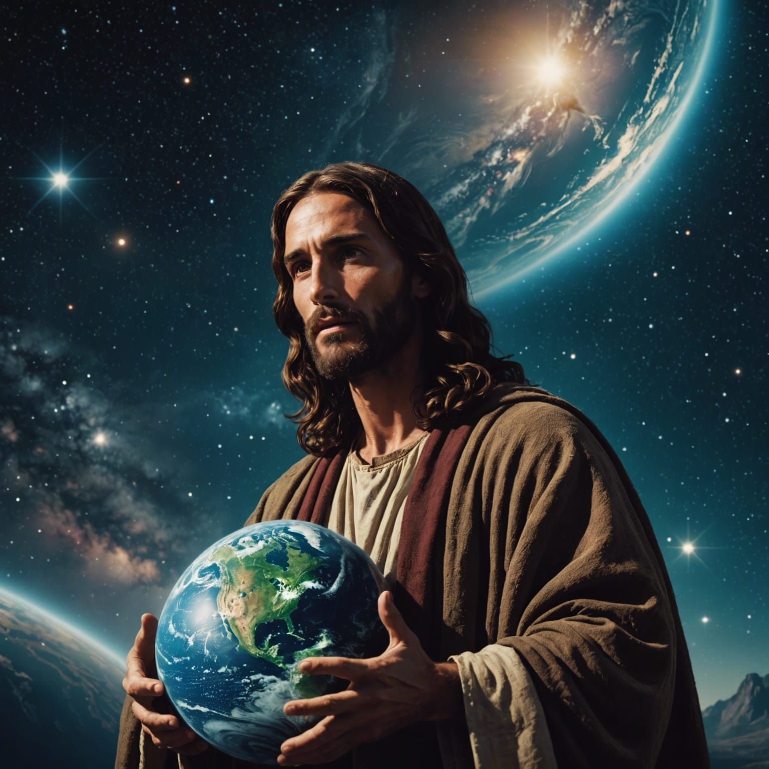 Jesus Christ Holds Earth in Galaxy: Cinematic
