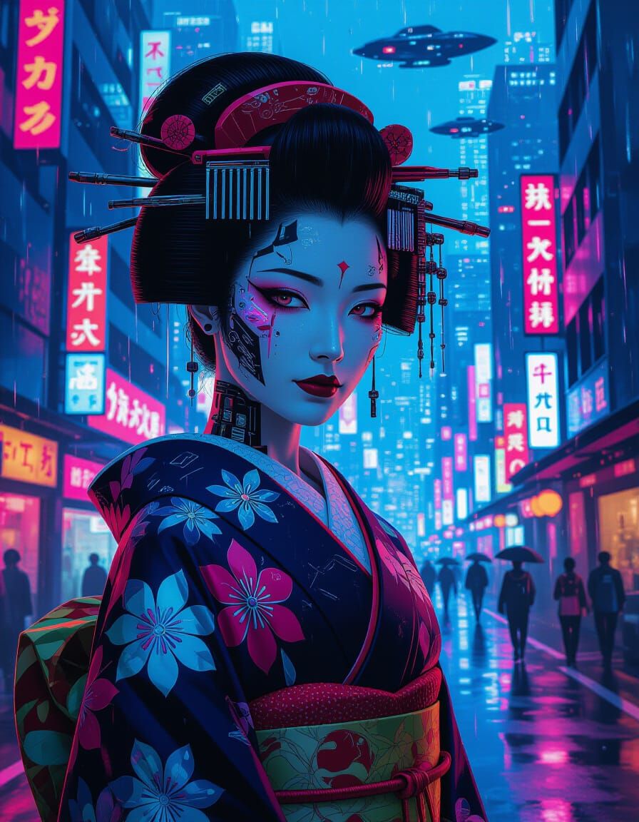 Cyberpunk Geisha in Neon City, Digital Portrait