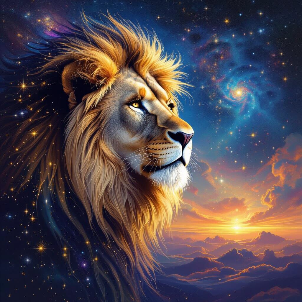 Lion with Stardust Mane in Cosmic Surrealism Style