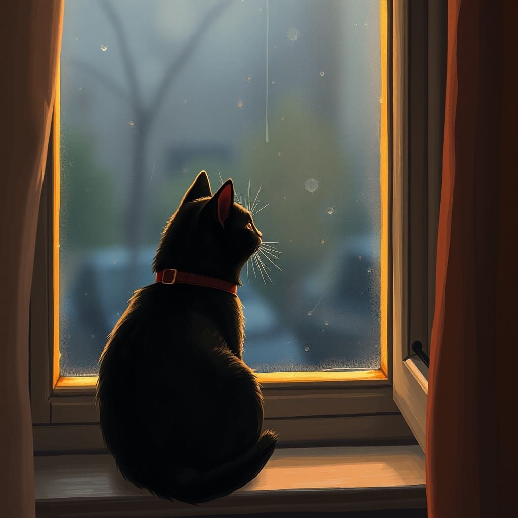 Black Cat Gazing out Rainy Window in Cozy Style