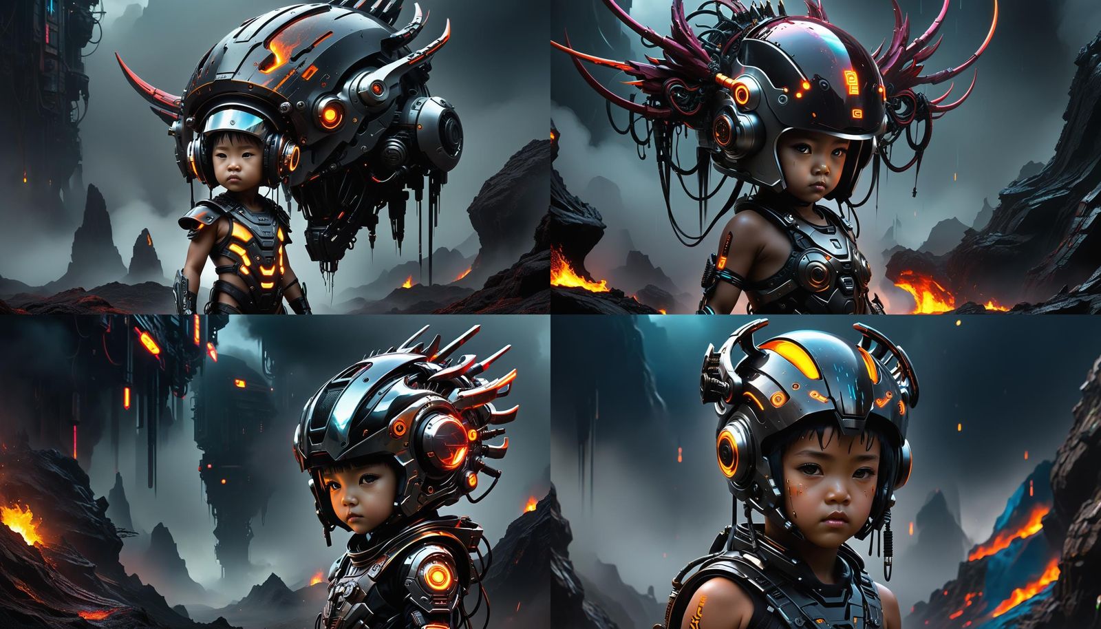 young child dons a sleek helmet topped with a futuristic headpiece in cyberpunk art by Jason A. Engle, human babies, dri...