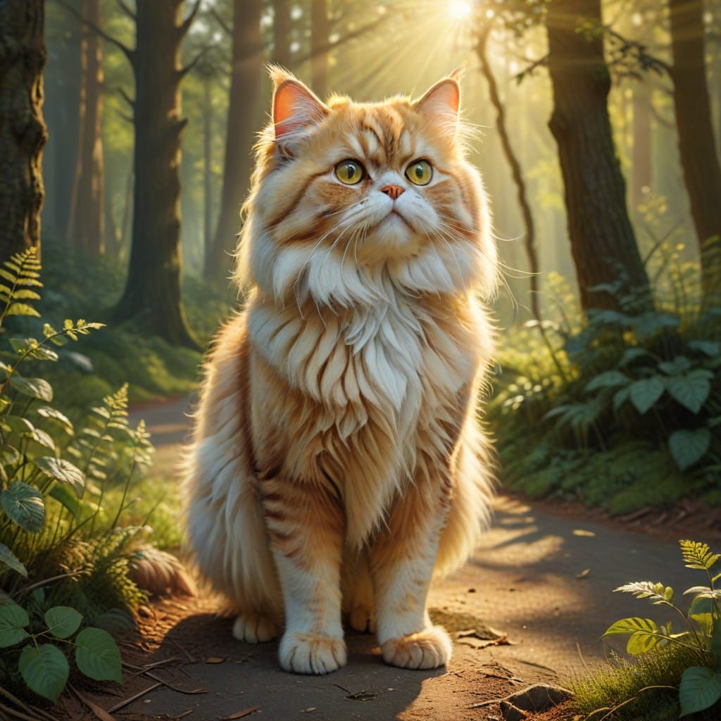Persian Cat Standing in Forest, Digital Painting