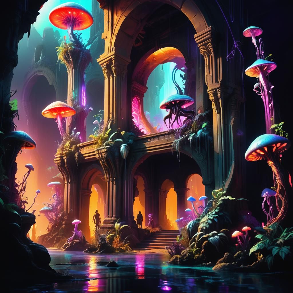 Alien Creatures Explore Bioluminescent Lost City