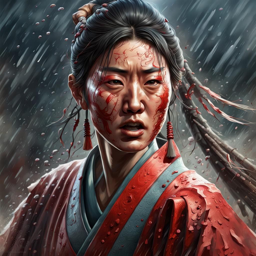 Ancient Korean Warrior in Bloody Rain, Hyperrealistic Art