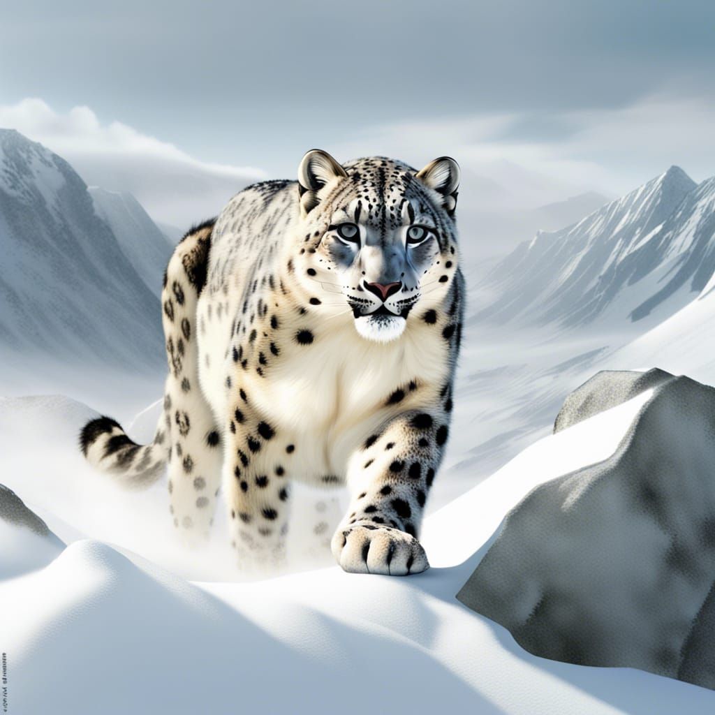 Snow Leopard Hunting in Winter Landscape