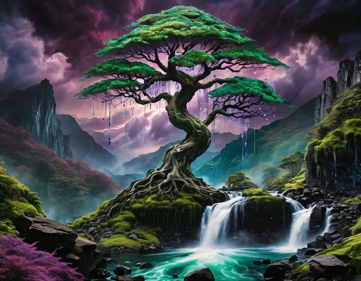 Luminous Jeweled Tree by Mountain Waterfall
