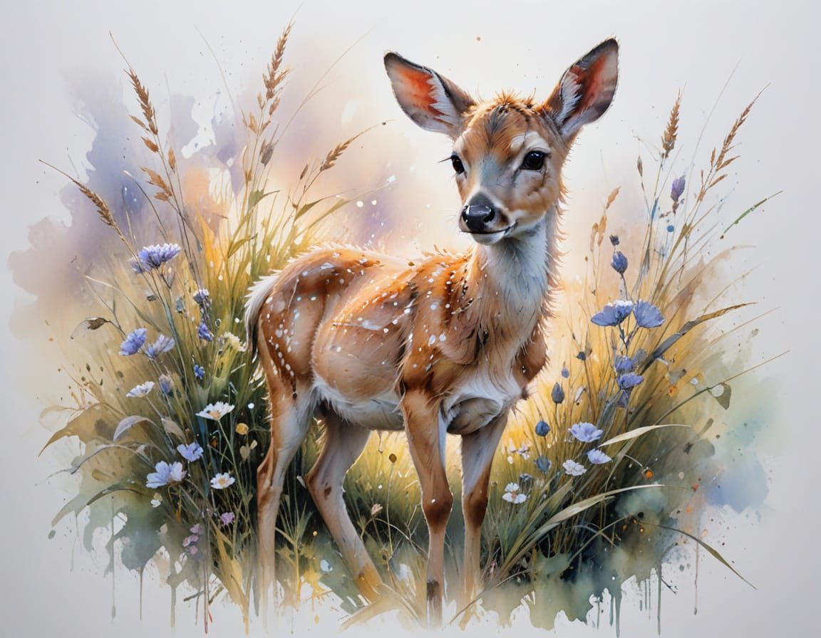 Fawn in Dewy Meadow at Dawn, Pastel Watercolour Style