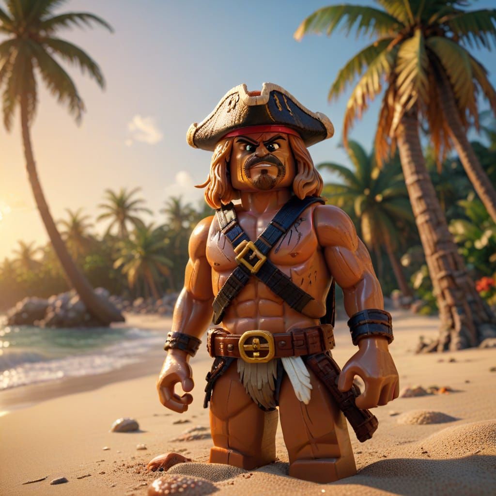 Lego Pirate Captain on Tropical Beach in Hyperrealism