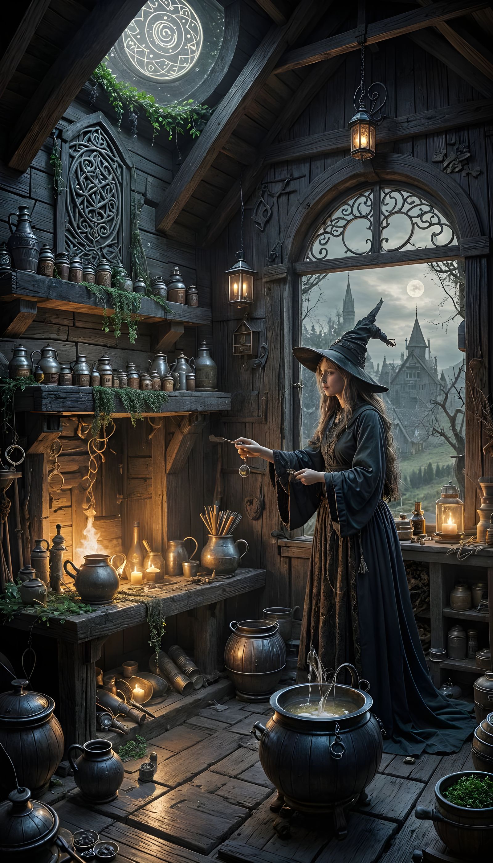 Slavic Witch Brewing Potions in Crooked Cottage