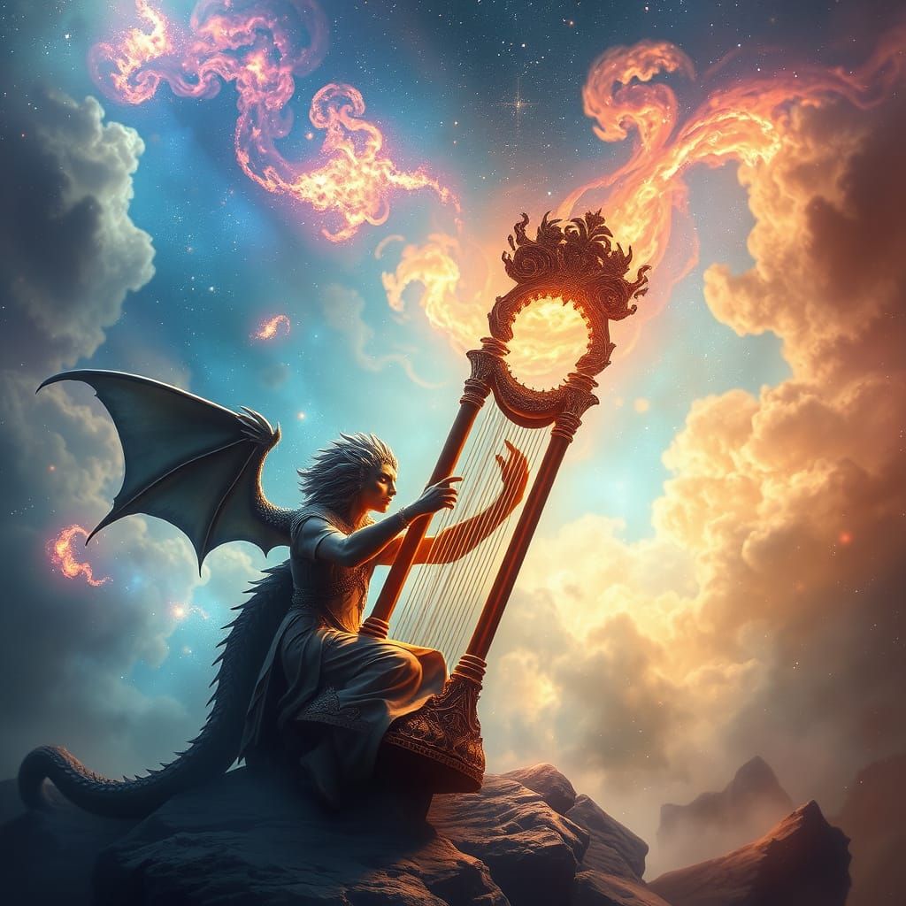Dragon Harpist Plays Cosmic Harp in Nebula
