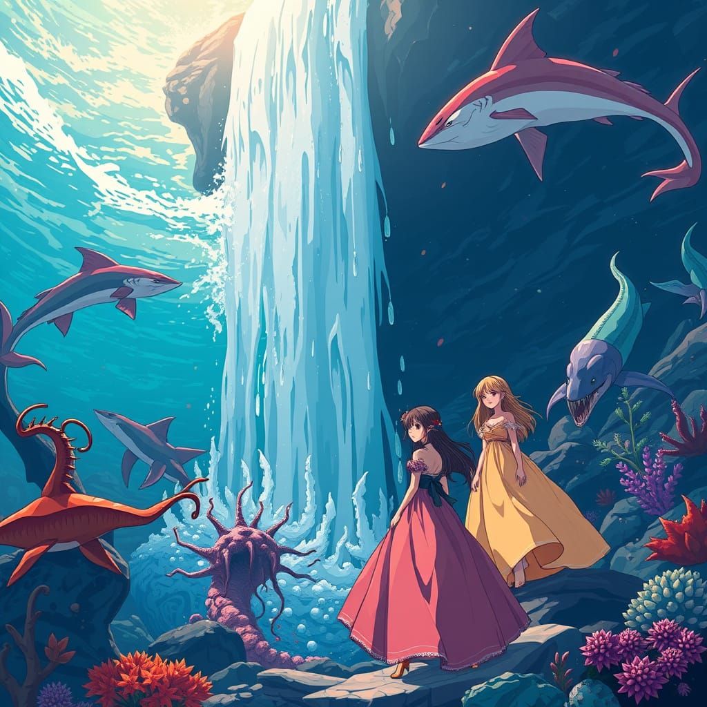 Elegant Girls Under Waterfall in Manga Style