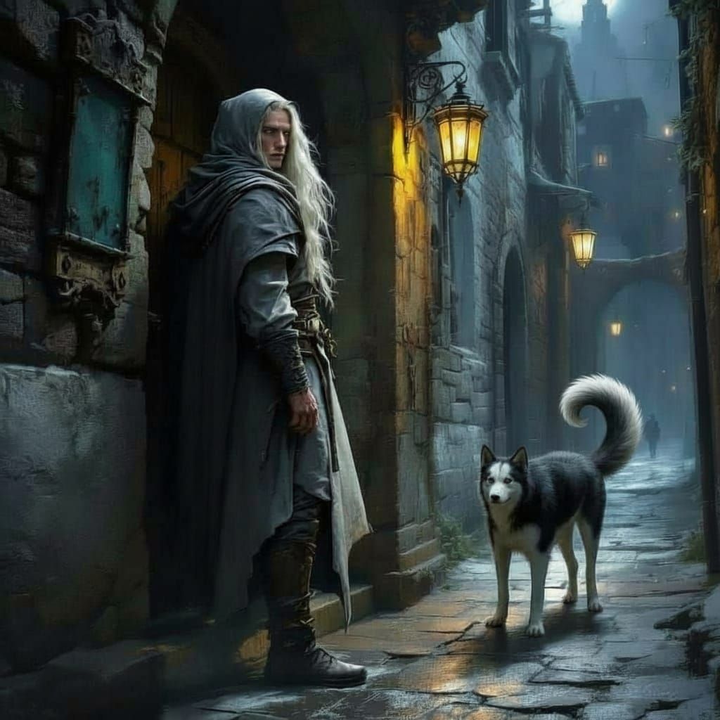 Fantasy Elf Opens Secret Door in Moonlit Alley