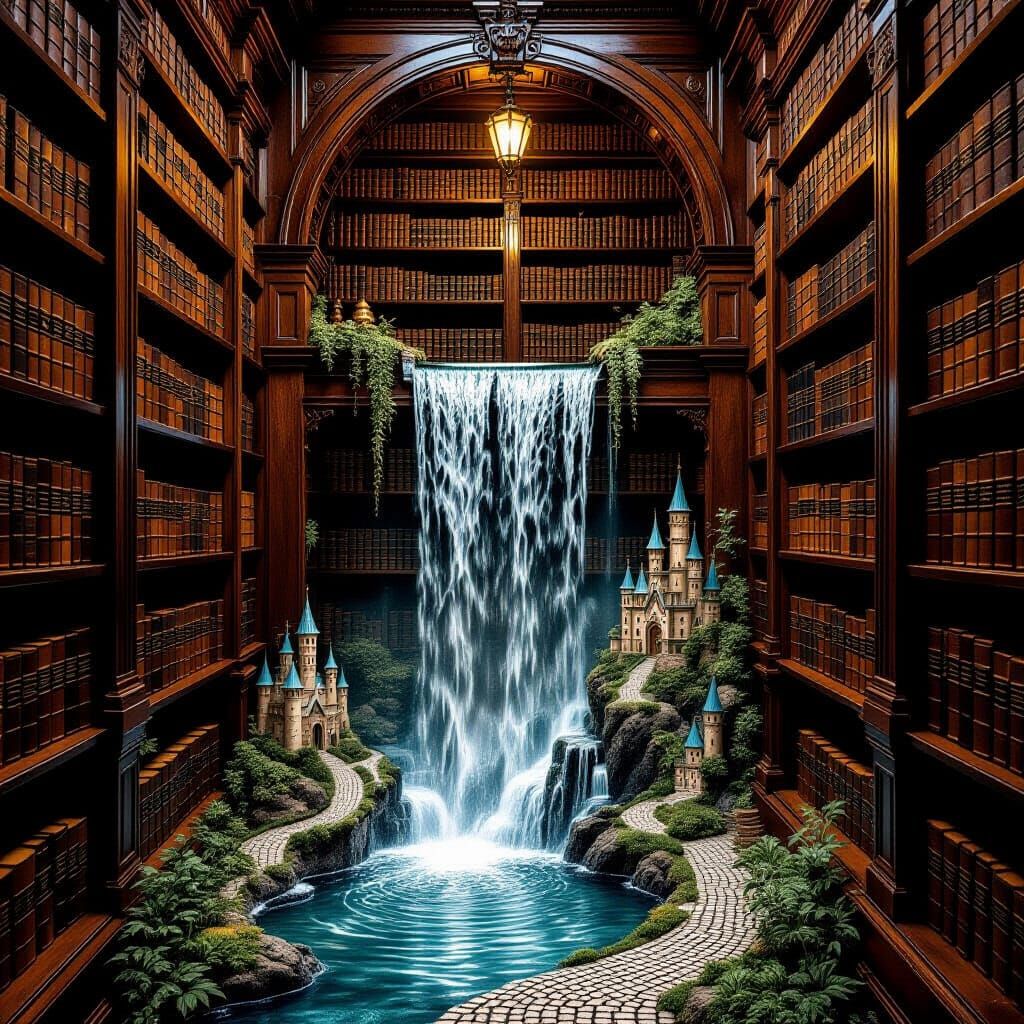 Victorian Engraving of Literary Oasis Waterfall