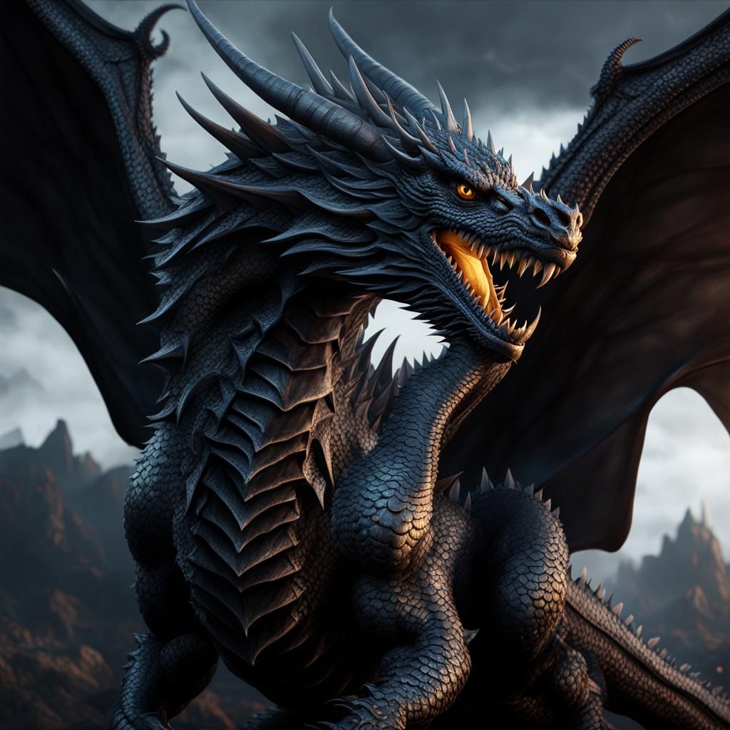 Grayish Black Dragon in Detailed Matte Painting