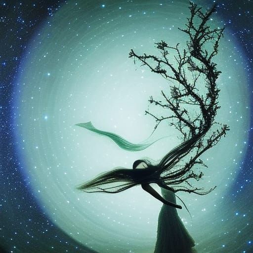 Celestial Woman in Starry Night Surreal Fairytale