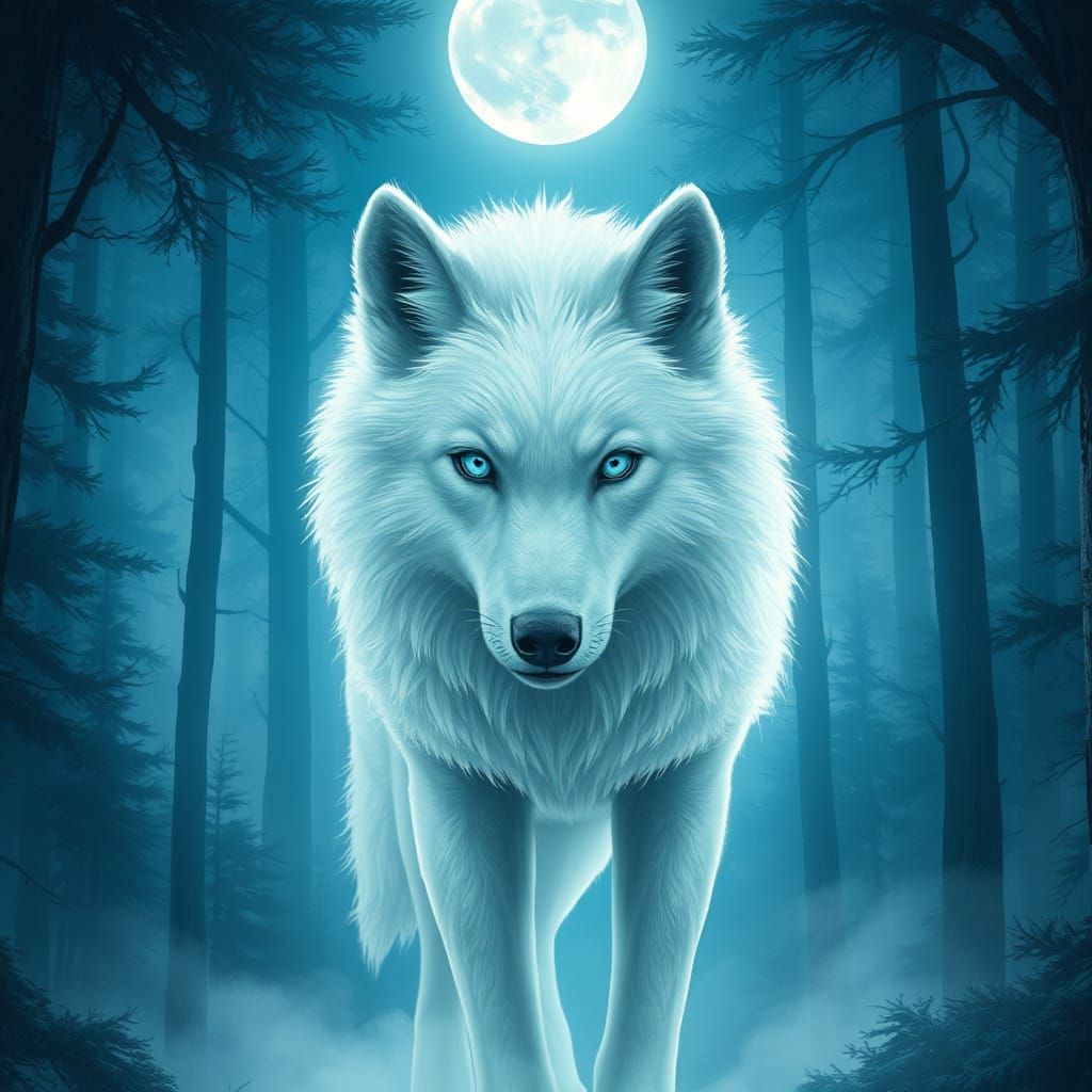 Majestic White Wolf Basks in Lunar Moonlight