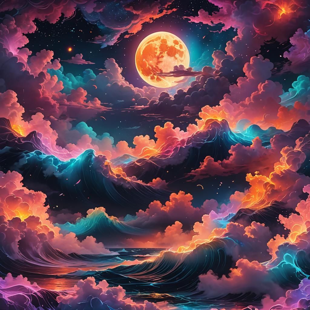 Neon Light Art on Moonlit Seas