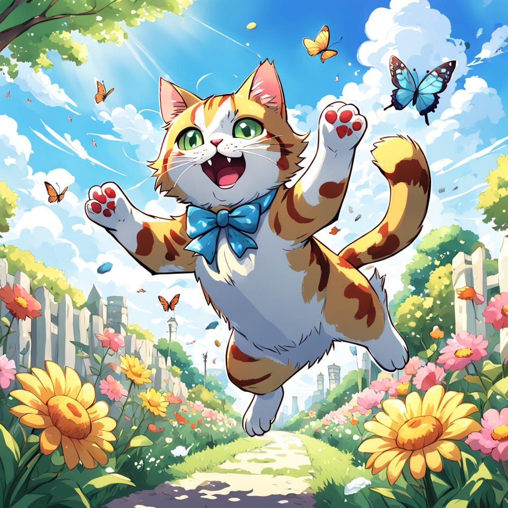 Vibrant Cartoon Cat Chases Butterfly in Sunny Garden