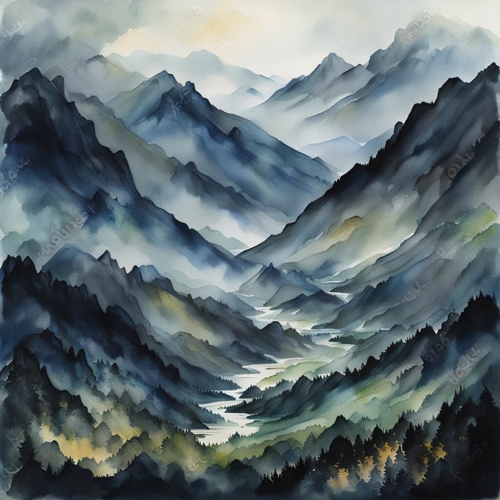 Moody Mountain Landscape in Gouache Watercolor Style