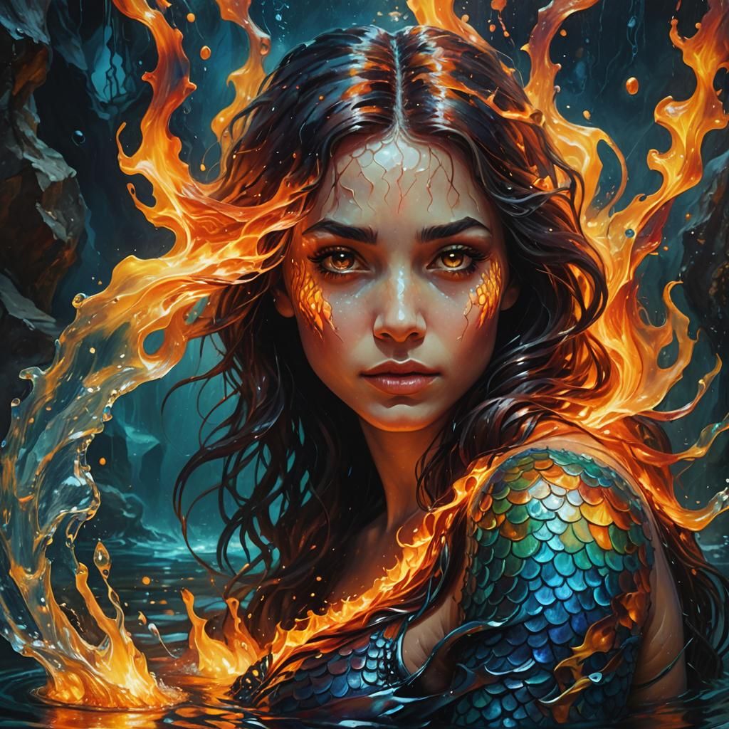 Mermaid Touching Flame in Surreal Water World