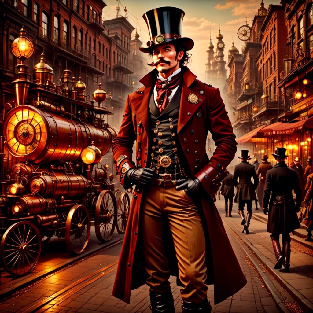 Steampunk Gentleman in Boston, Oil Painting Style