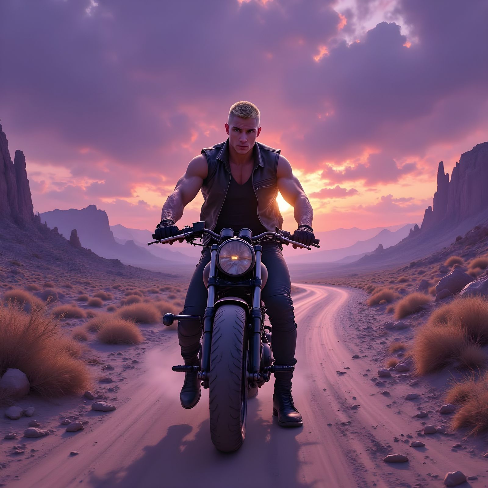 Apocalyptic Racer in Stormy Wasteland Oil Painting