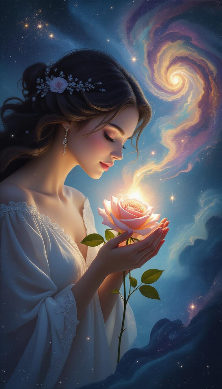Celestial Being Holds Radiant Rose in Cosmic Expanse