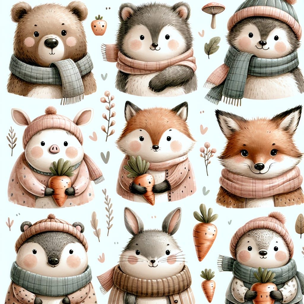 Cartoon Animals in Cozy Forest, Vintage Watercolor Style